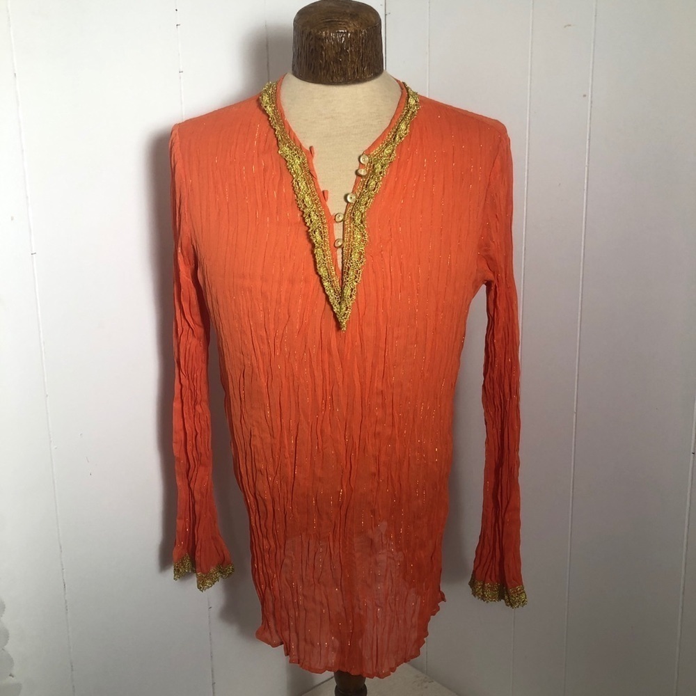 Womens Orange and Gold Krinkle Blouse.Large
